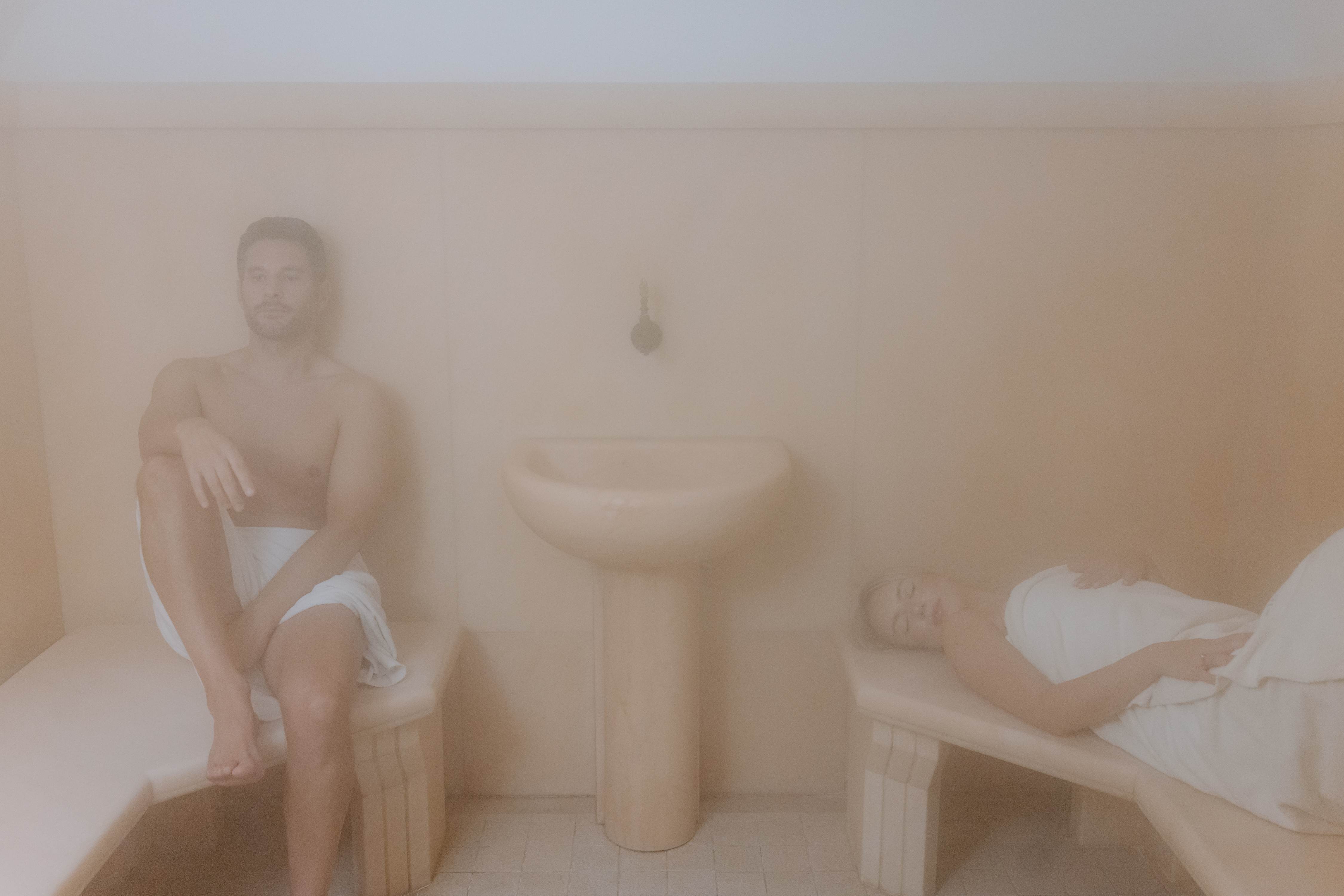 Evocative atmosphere in sauna with steam